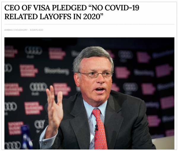 Visa CEO pledges no COVID-19-related layoffs