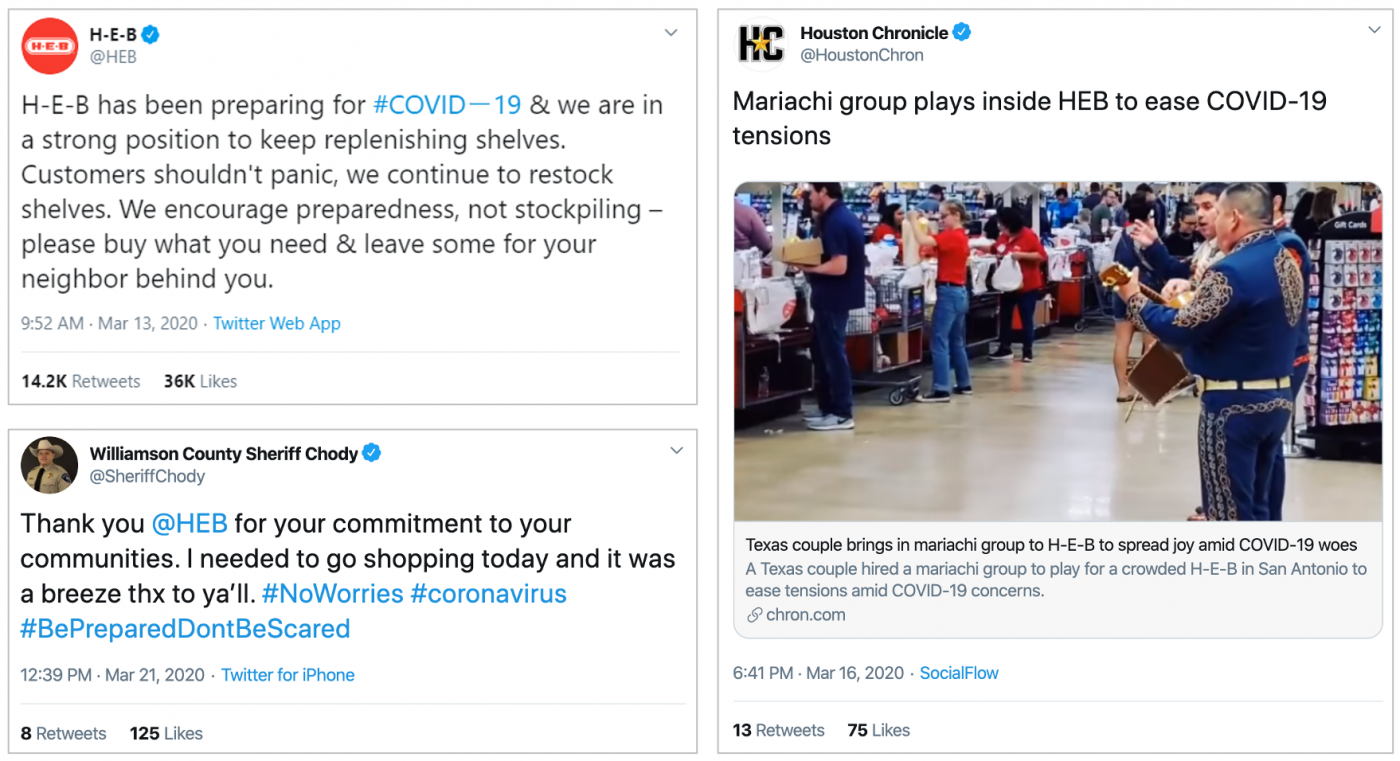 collage of positive social media posts about HEB