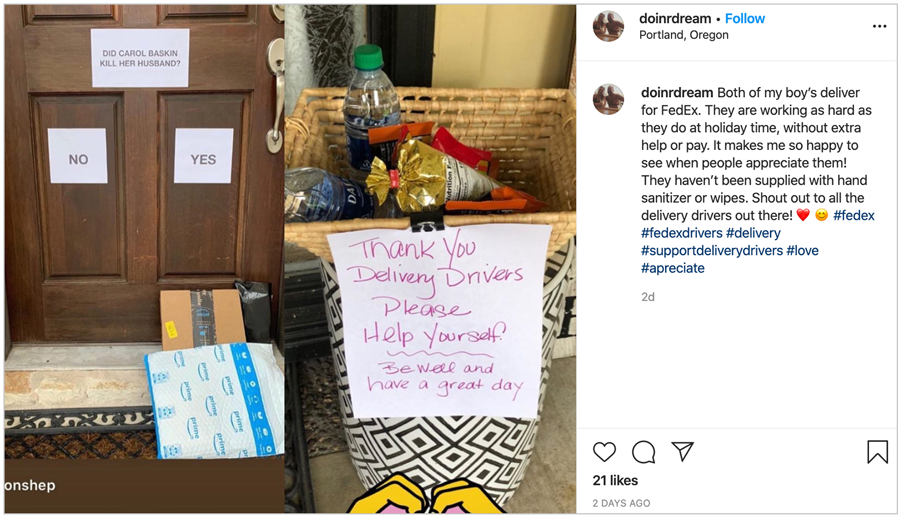 social media post of consumers engaging with delivery personnel through notes on the door.