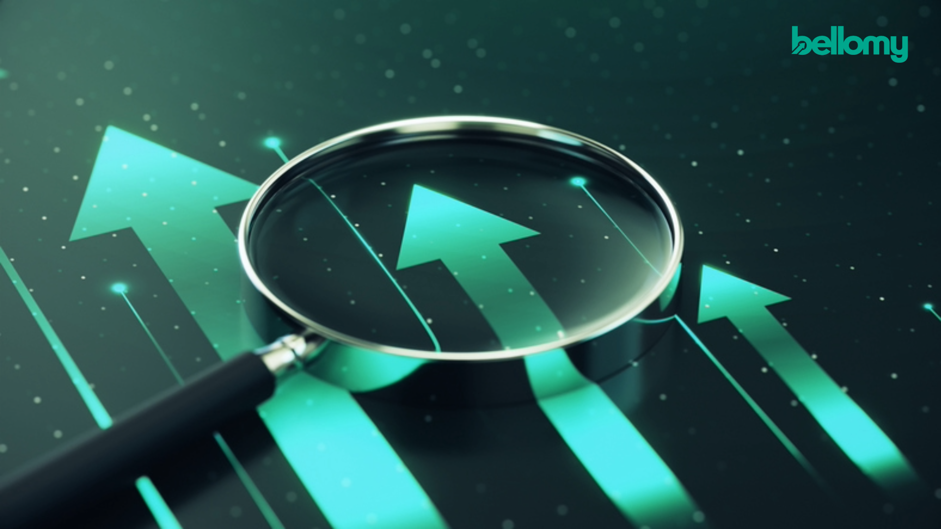 Magnifying glass over upward arrows, representing how customer panels uncover the reasons behind changing brand-tracker results.