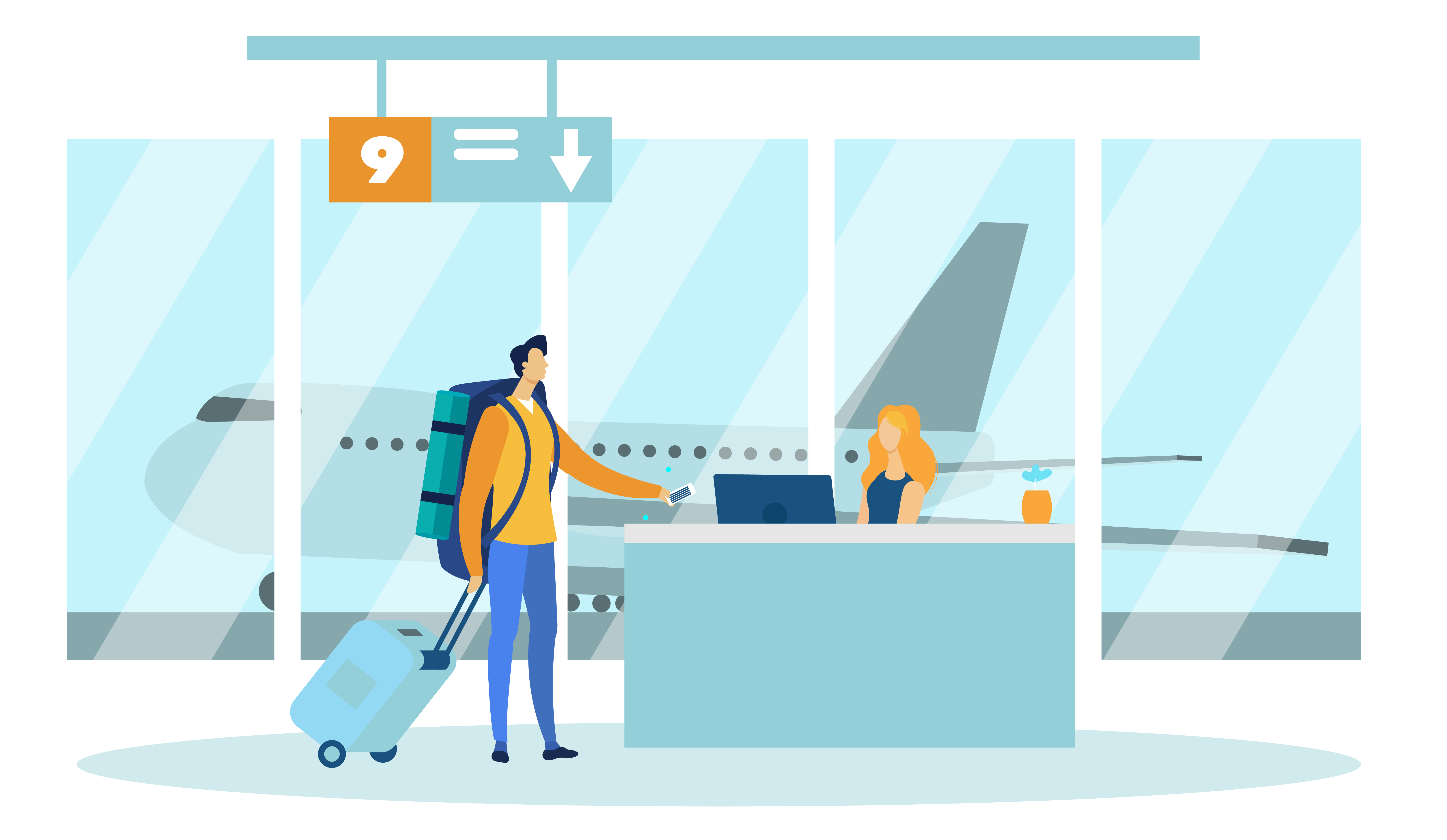 Illustration of a man at the airport to show that taking a flight is a customer experience journey that includes multiple touch points.