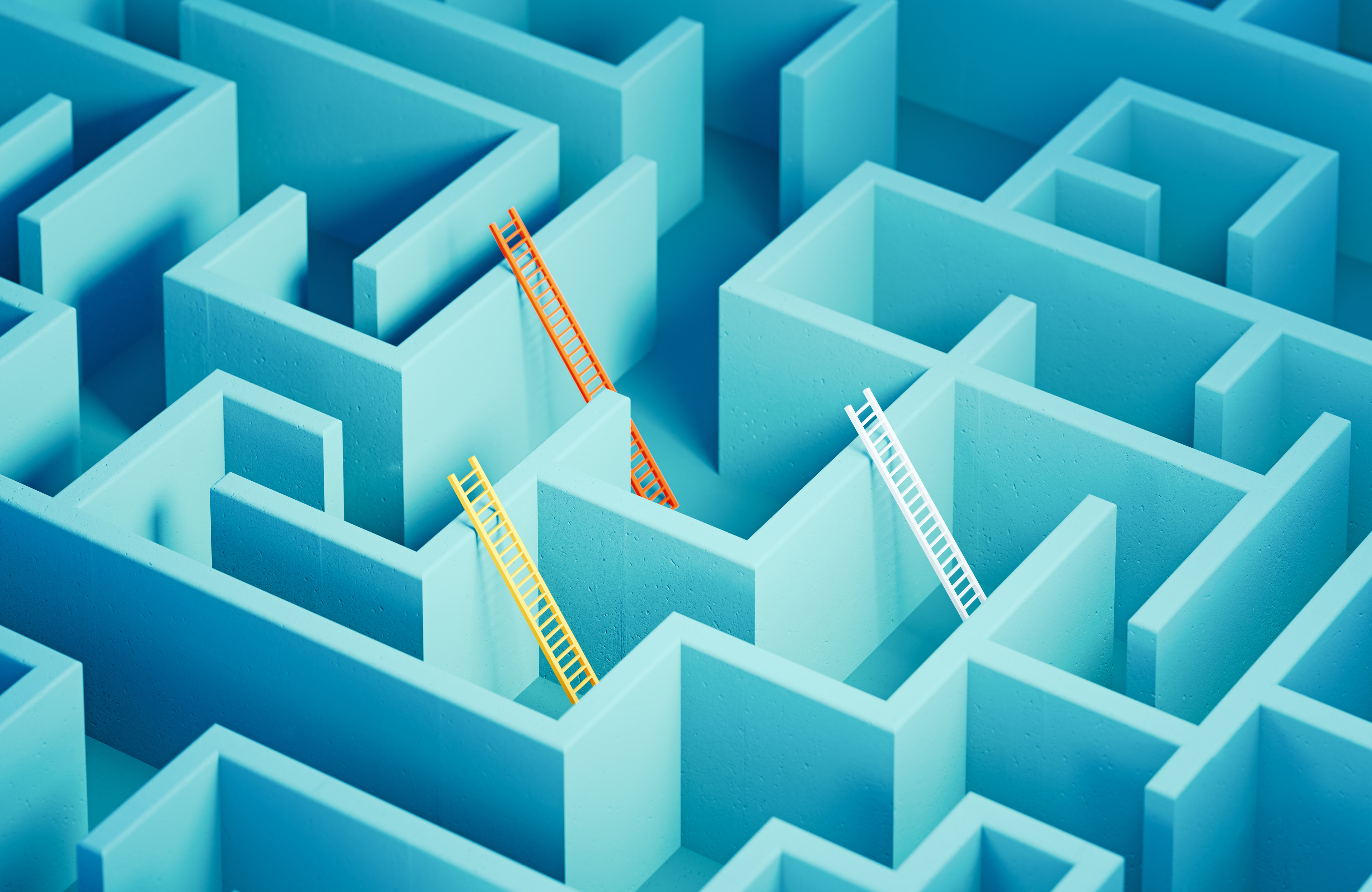 Colorful ladders inside a maze, representing creative solutions to challenges in the market research industry