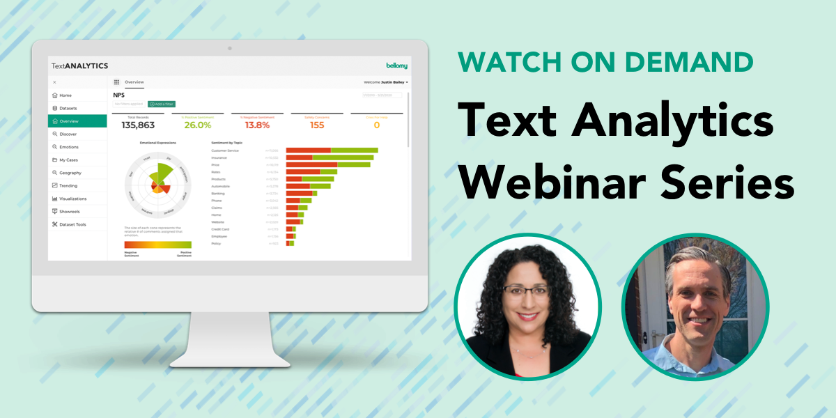 Graphic promoting Bellomy's text analytics webinar series, with a screenshot of the platform and headshots of presenters Lori Walker and Justin Bailey.