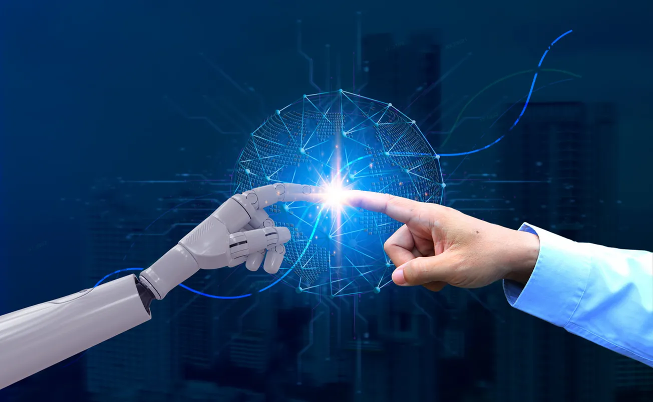 Robot and human hands touching fingertips