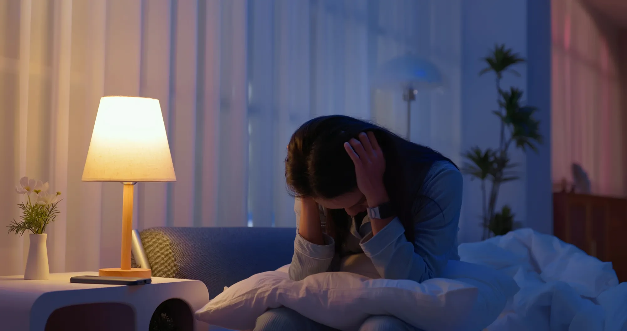 Restless asian woman at night