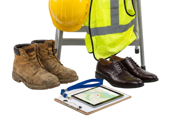 Boots, hard hat, safety vest, dress shoes, clip board, and ipad ready for immersive fieldwork