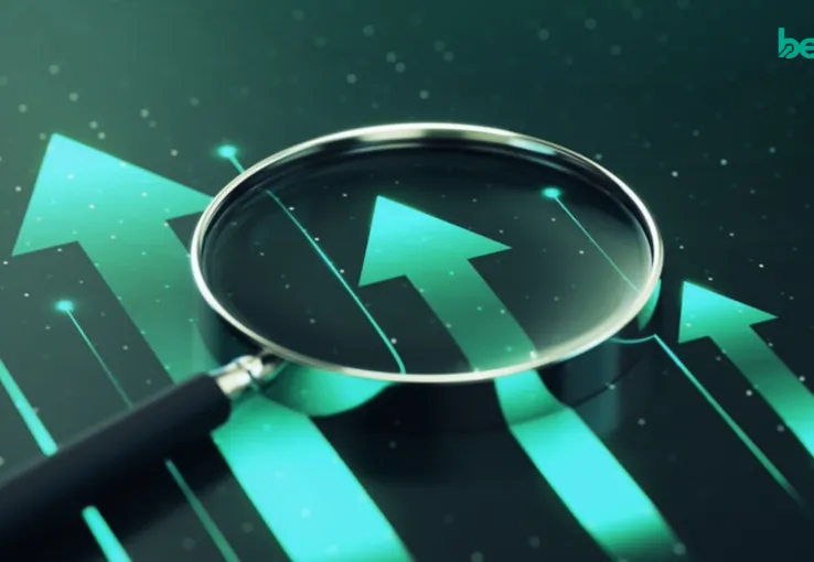 Magnifying glass over upward arrows, representing how customer panels uncover the reasons behind changing brand-tracker results.