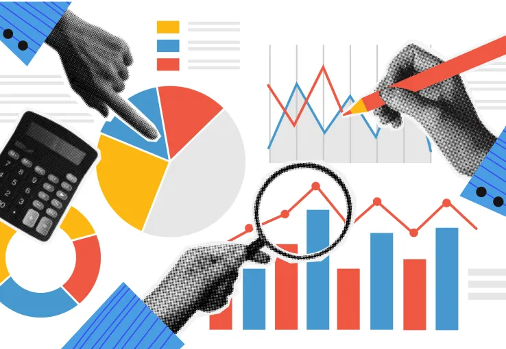 Halftone hands with a graph and diagram in trendy vintage style, symbolizing the discovery of hidden sales opportunities, understanding the existing market, and analyzing customer preferences to achieve high results.