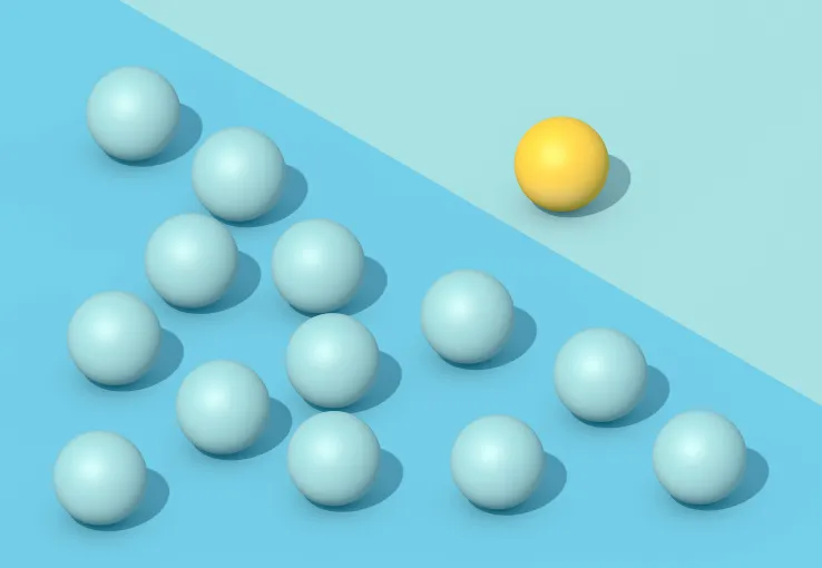 3D rendering of spheres representing an innovative company standing out from the crowd, leading in the field of innovation