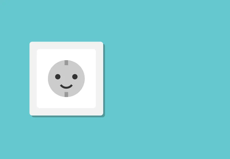 One white smiling electric wall outlet on turquoise blue. Emotion, inspiration, psychology, safety, optimism, motivation concept. Flat design.