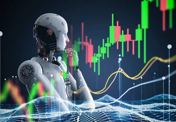 AI-powered robot analyzing financial market data, trends, and digital analytics, representing artificial intelligence adoption among financial advisors and financial services professionals
