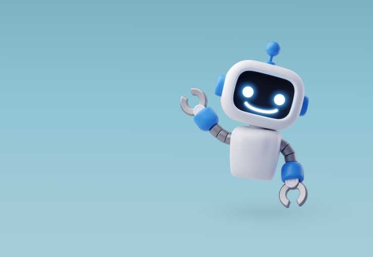 cute bot floating on a blue background