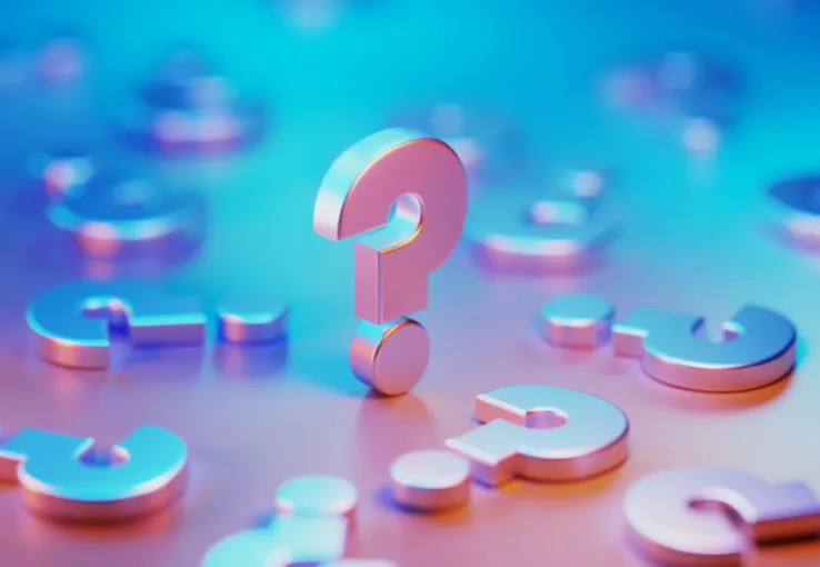 FAQ question mark graphic for digital synthetics in market research—covering data analysis, predictive modeling, target markets, and research processes
