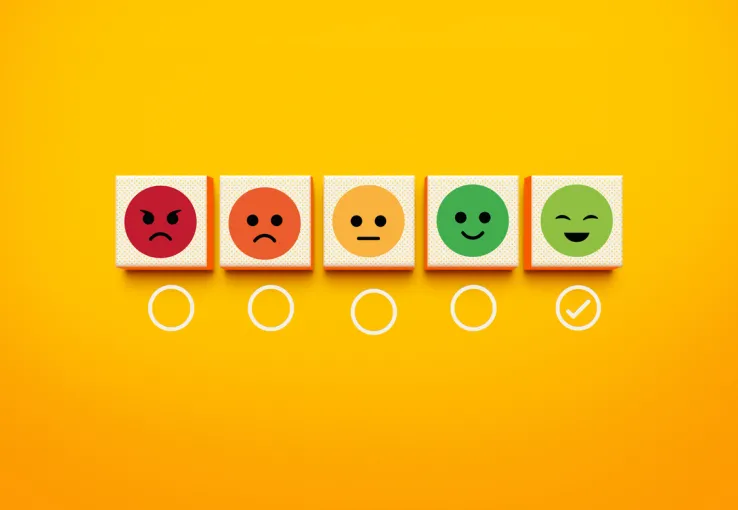 Illustration of customer satisfaction rating with emojis, highlighting how businesses track customer experience, satisfaction, and loyalty through feedback, metrics, and engagement at key touchpoints.
