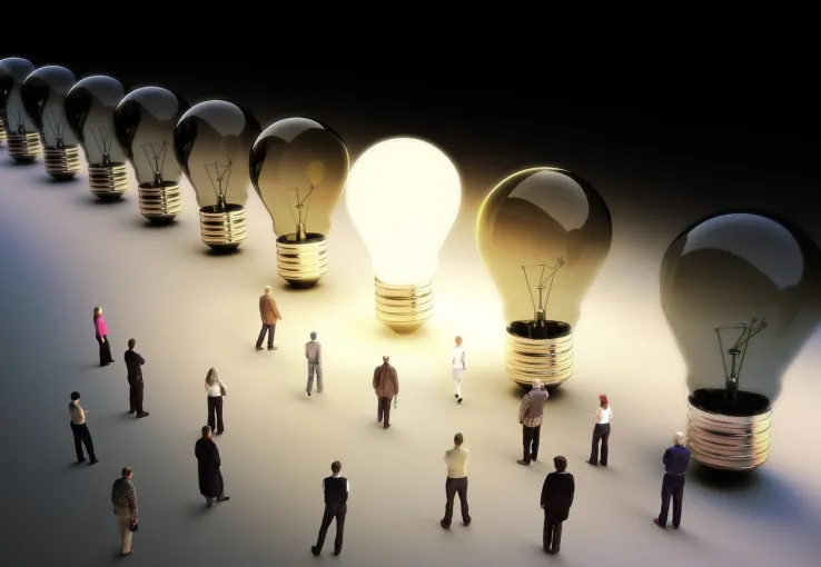 Light bulbs in a row with one being on, large group of people with a few moving to the light.