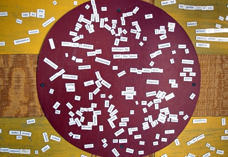 Word magnets organized into different topics.