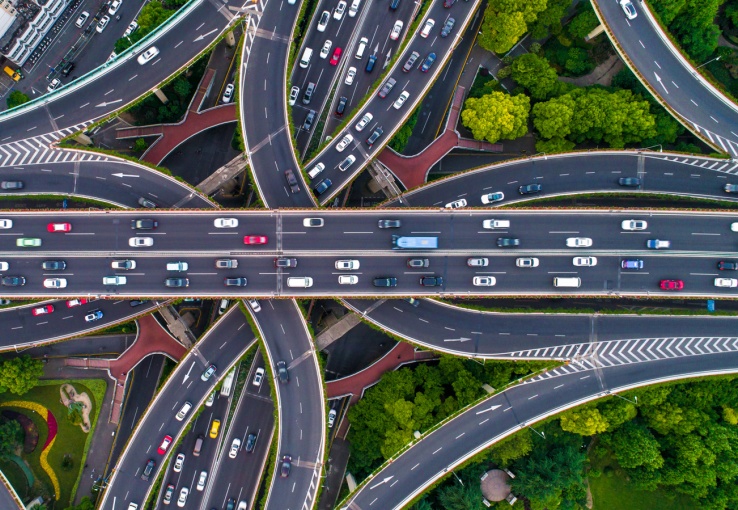 Aerial view of highway crisscrossing at an interchange.