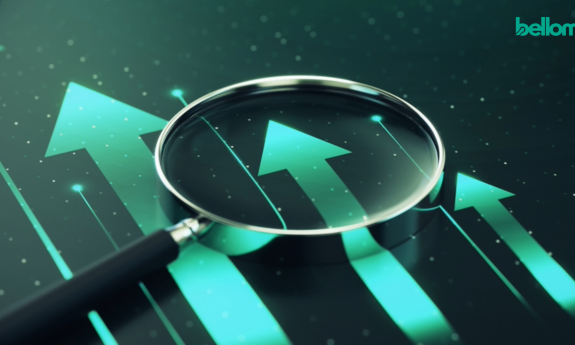 Magnifying glass over upward arrows, representing how customer panels uncover the reasons behind changing brand-tracker results.