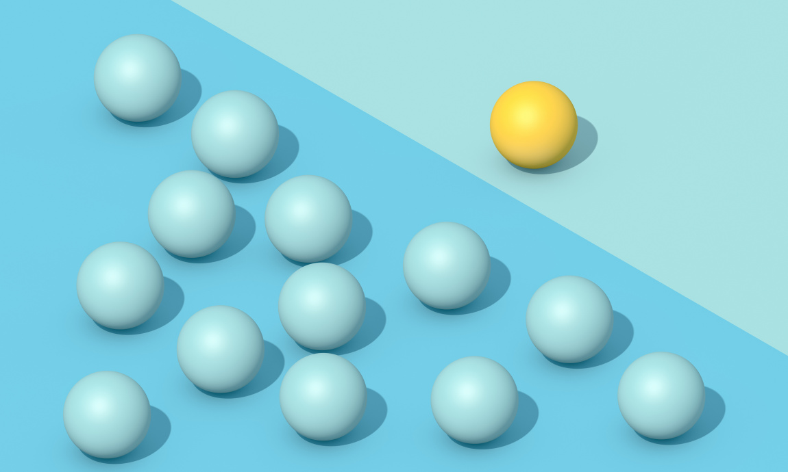 3D rendering of spheres representing an innovative company standing out from the crowd, leading in the field of innovation