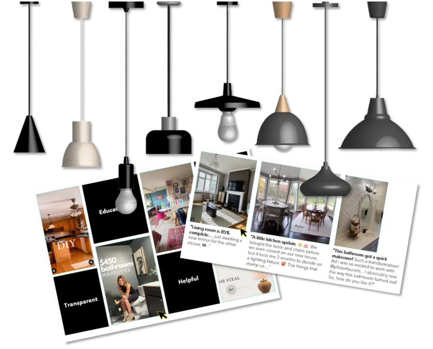 A variety of pendant lights along with images of social media posts about light fixtures