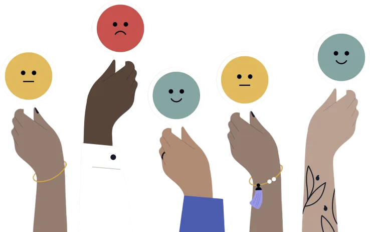 A diverse crowd of people displaying signs with mixed reactions, bad, good, and neutral