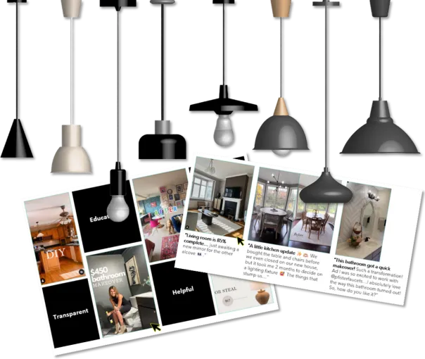 A variety of pendant lights along with images of social media posts about light fixtures