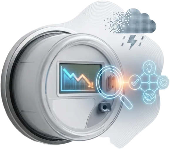 Trends line declining within a utility meter, superimposed graphics show investigation of the cause