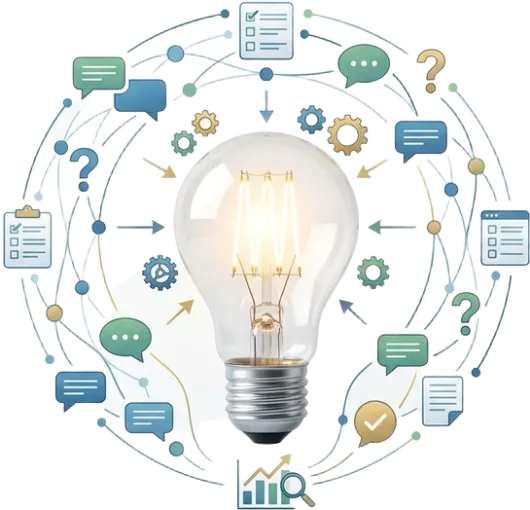 Depiction of many data sources generating ideas and increasing KPIs