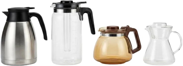 A set of coffee carafes of varying shapes, sizes, and transparencies.