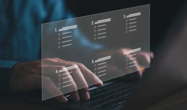 Hands interacting with digital interface displaying ranked options, representing feature prioritization and product decision-making