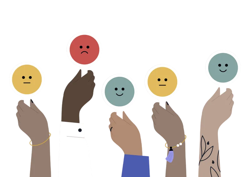 A diverse crowd of people displaying signs with mixed reactions, bad, good, and neutral