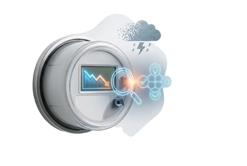 Trends line declining within a utility meter, superimposed graphics show investigation of the cause