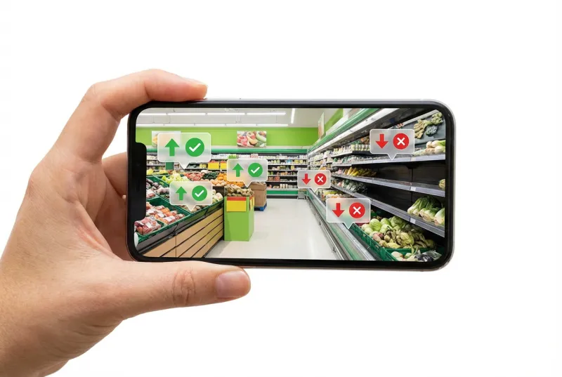 Smartphone showing areas of the produce section that are appealing and unappealing