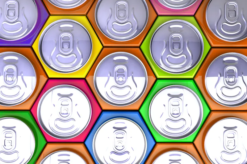 Colorful beverage can tops arrange in a patter, representing product development and speed to market