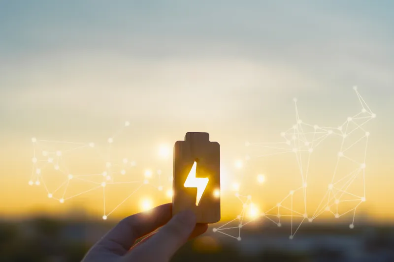 Renewable energy concept with hand holding wooden battery icon glowing at sunset. Symbol of clean energy, power storage, sustainability, future technology, green innovation, and energy management.